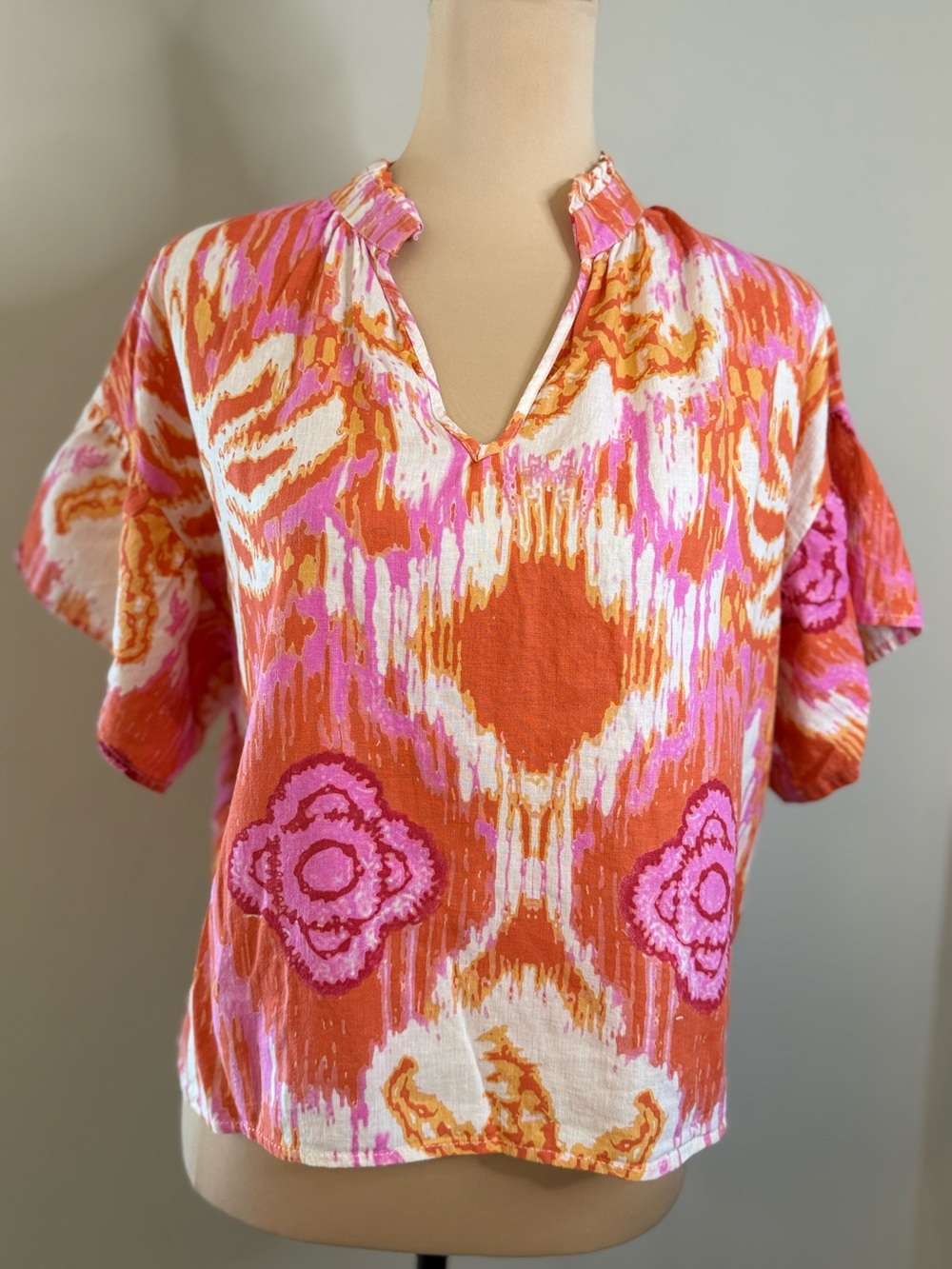 C&C California tie dye floral linen blend top pink orange white SZ M